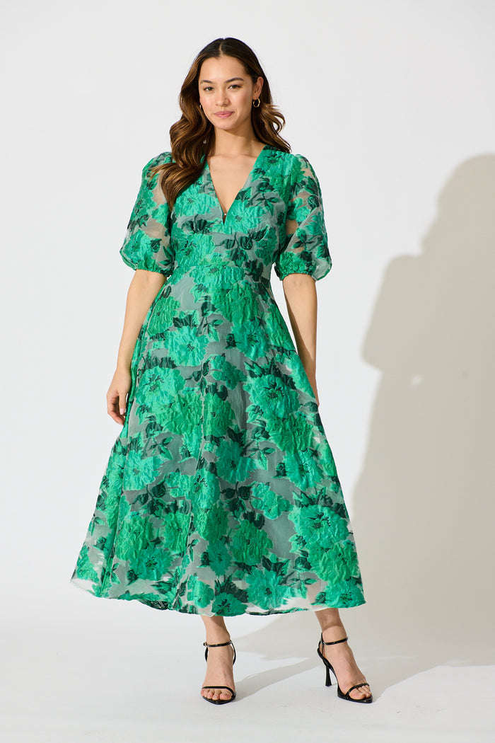 Opulence Midi Dress in Jade Green Organza Jacquard | St Frock Opulence Midi Dress in Jade Green Organza Jacquard | St Frock