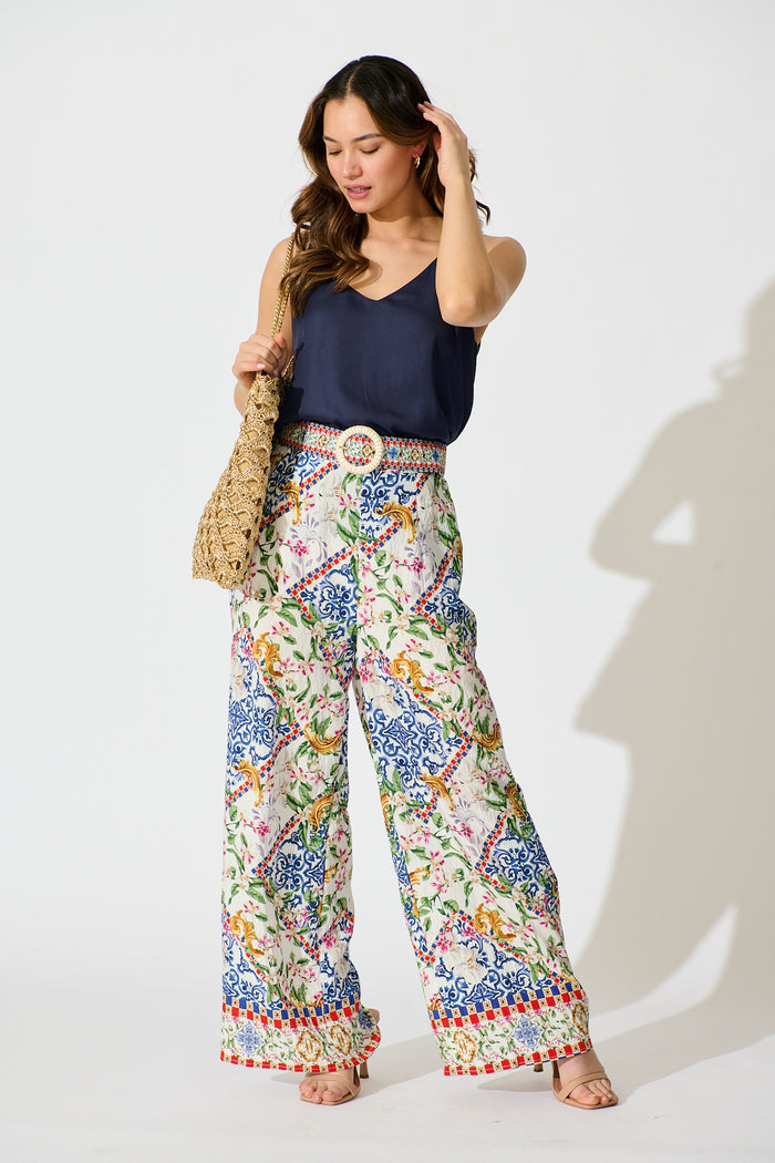 Villa Botanica Pant in White with Multi Print full length