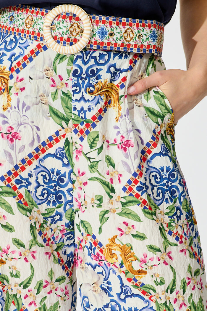 Villa Botanica Pant in White with Multi Print detail