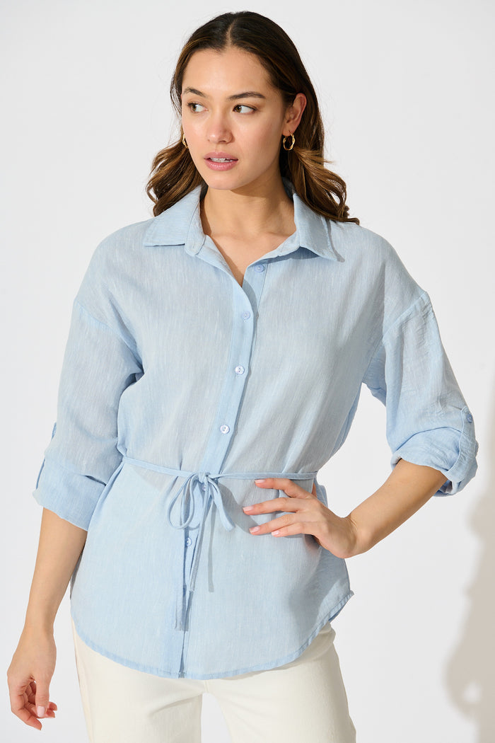Lysandra Shirt in Pale Blue Linen Blend front with tie