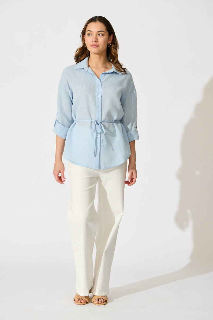 Lysandra Shirt in Pale Blue Linen Blend full length