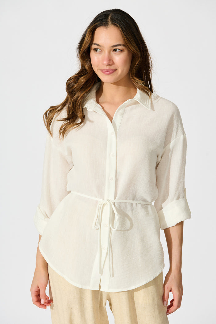 Lysandra Shirt in White Linen Blend front with tie