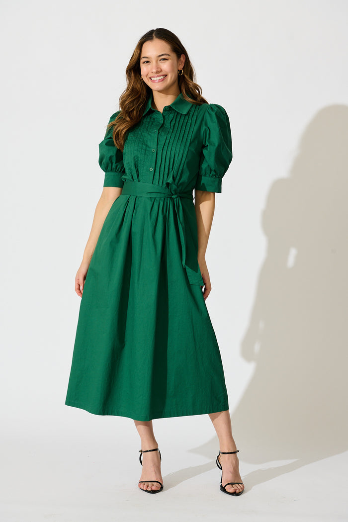 Mila Midi Dress in Emerald Cotton full length