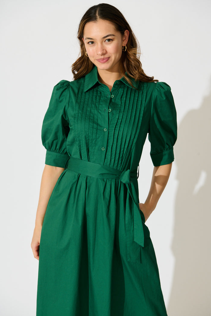 Mila Midi Dress in Emerald Cotton front