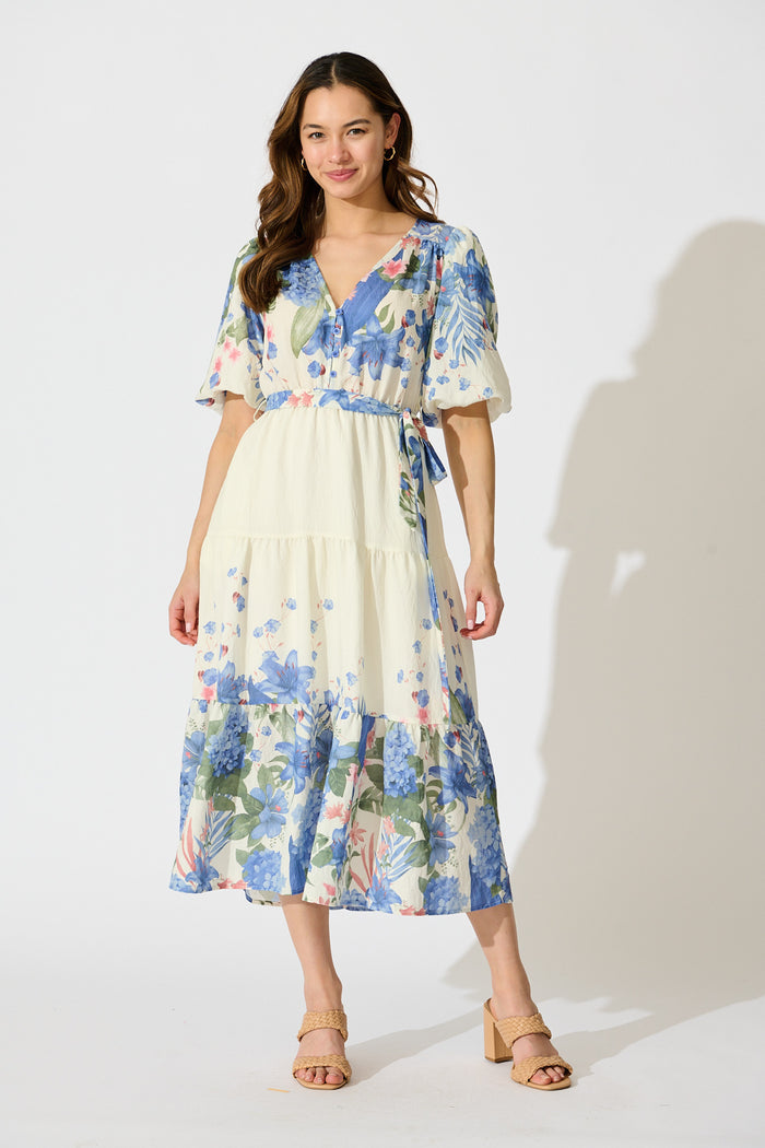 Mae Midi Dress in Cream with Blue Floral Print full length