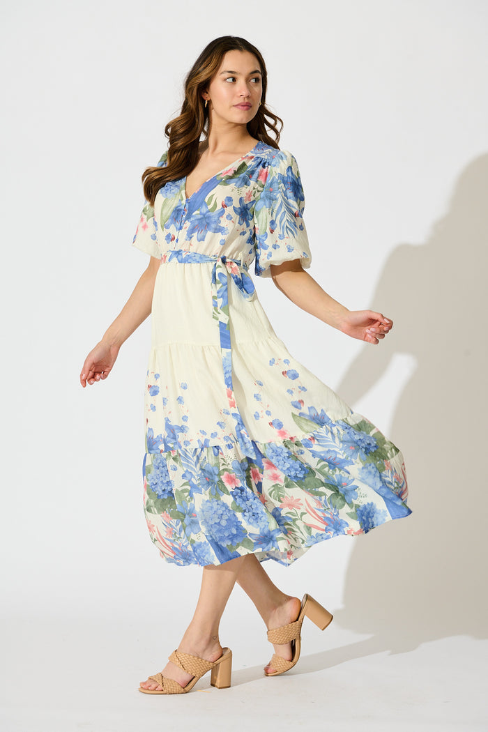 Mae Midi Dress in Cream with Blue Floral Print side