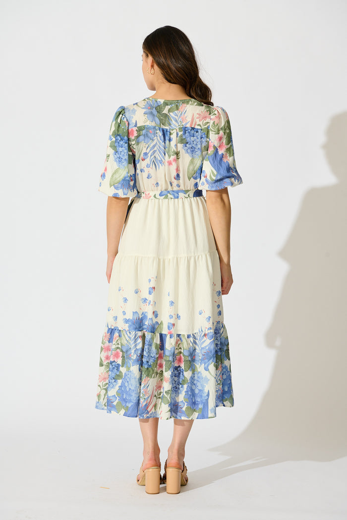 Mae Midi Dress in Cream with Blue Floral Print back