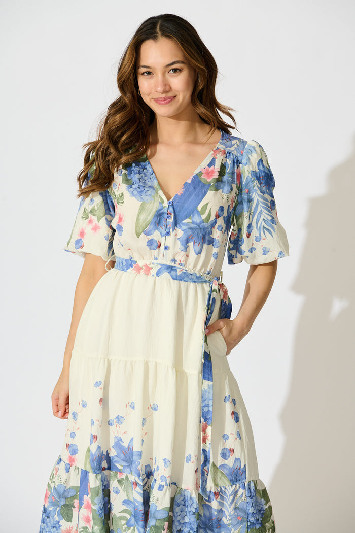 Mae Midi Dress in Cream with Blue Floral Print front