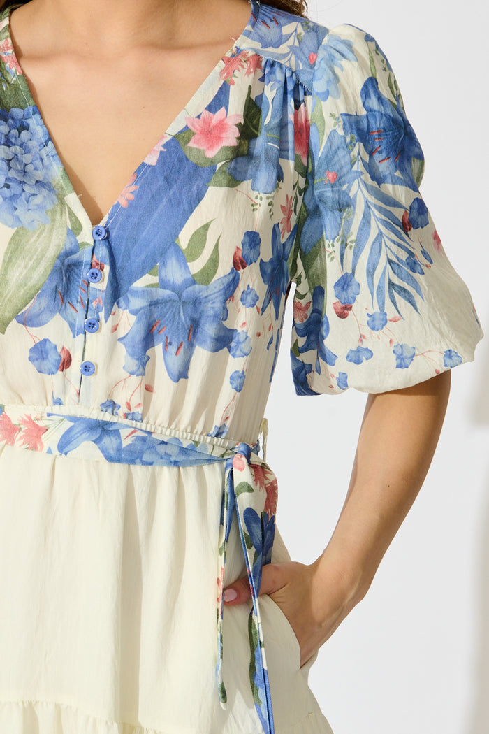 Mae Midi Dress in Cream with Blue Floral Print detail