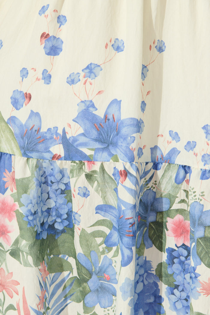 Mae Midi Dress in Cream with Blue Floral Print fabric