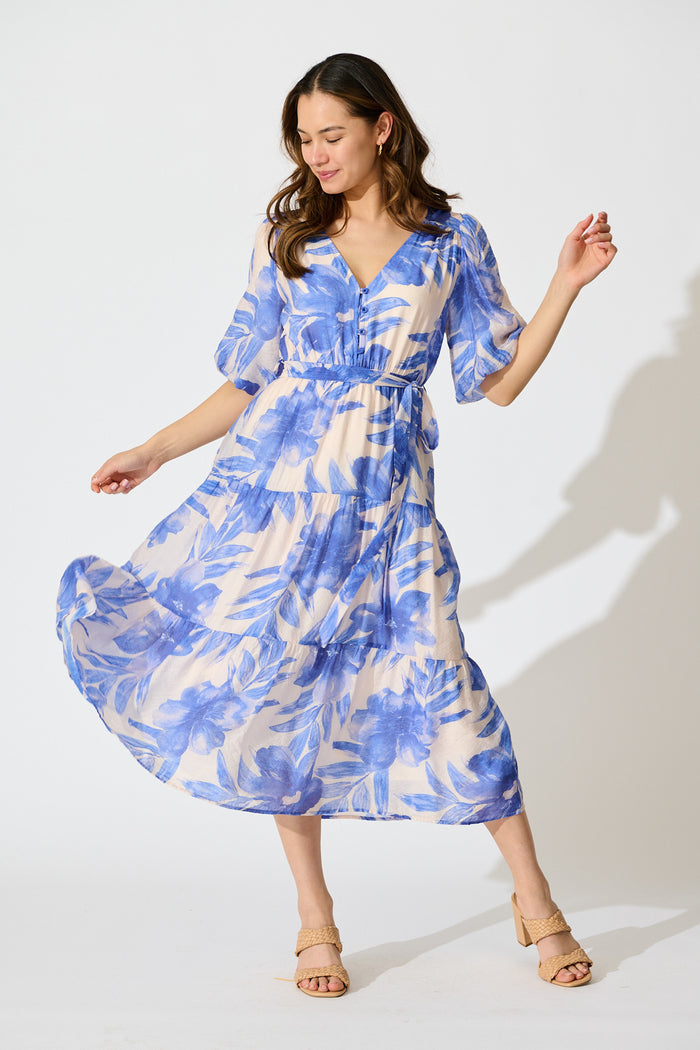 Lumora Midi Dress in Blush with Blue Floral Print full length