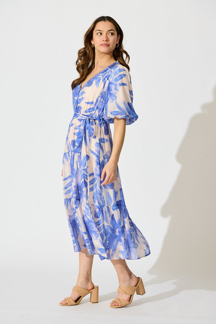 Lumora Midi Dress in Blush with Blue Floral Print side