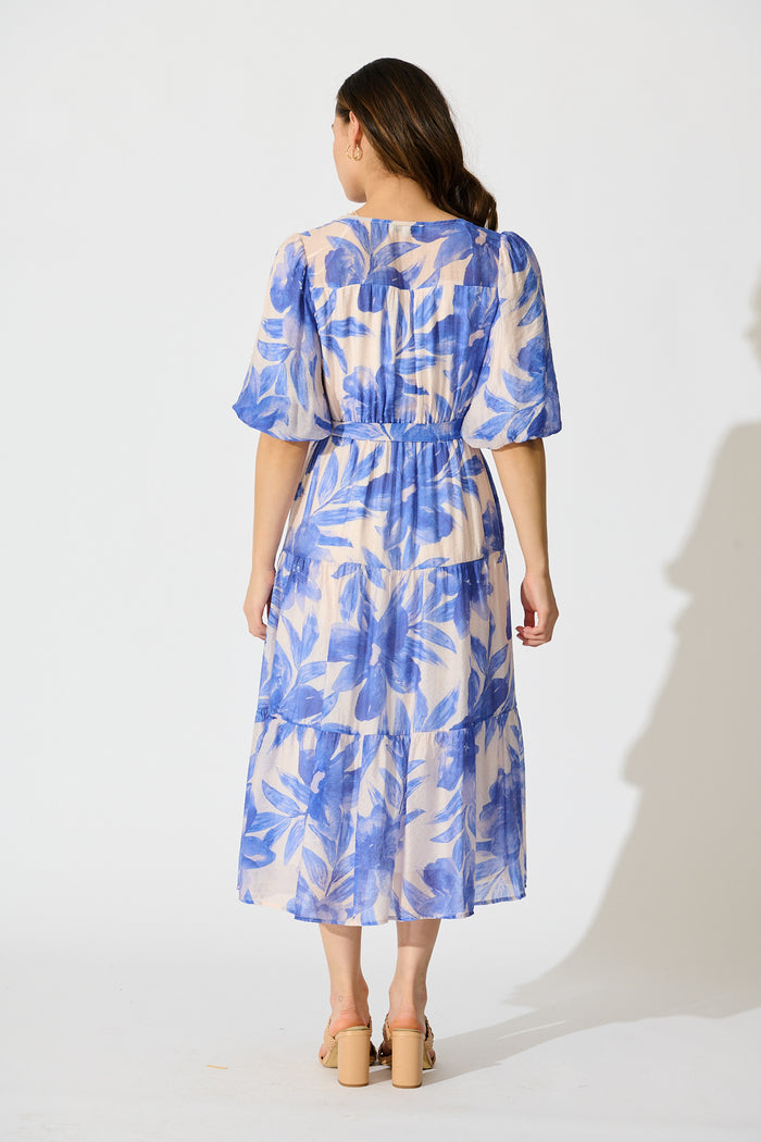 Lumora Midi Dress in Blush with Blue Floral Print back
