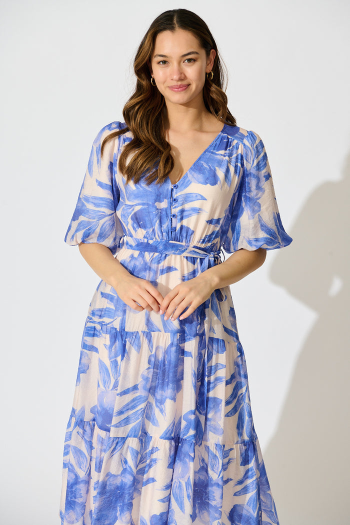 Lumora Midi Dress in Blush with Blue Floral Print front