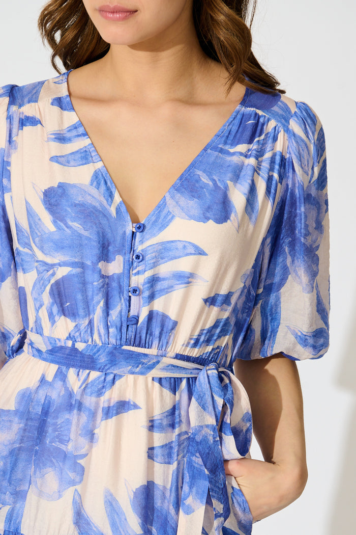 Lumora Midi Dress in Blush with Blue Floral Print detail