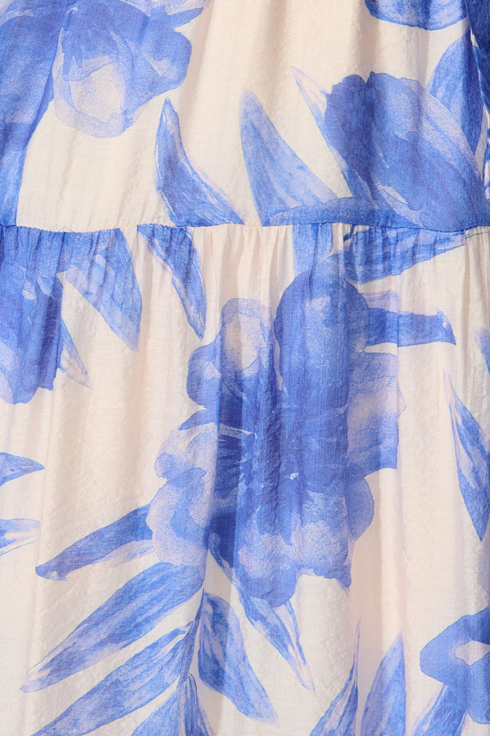 Lumora Midi Dress in Blush with Blue Floral Print fabric