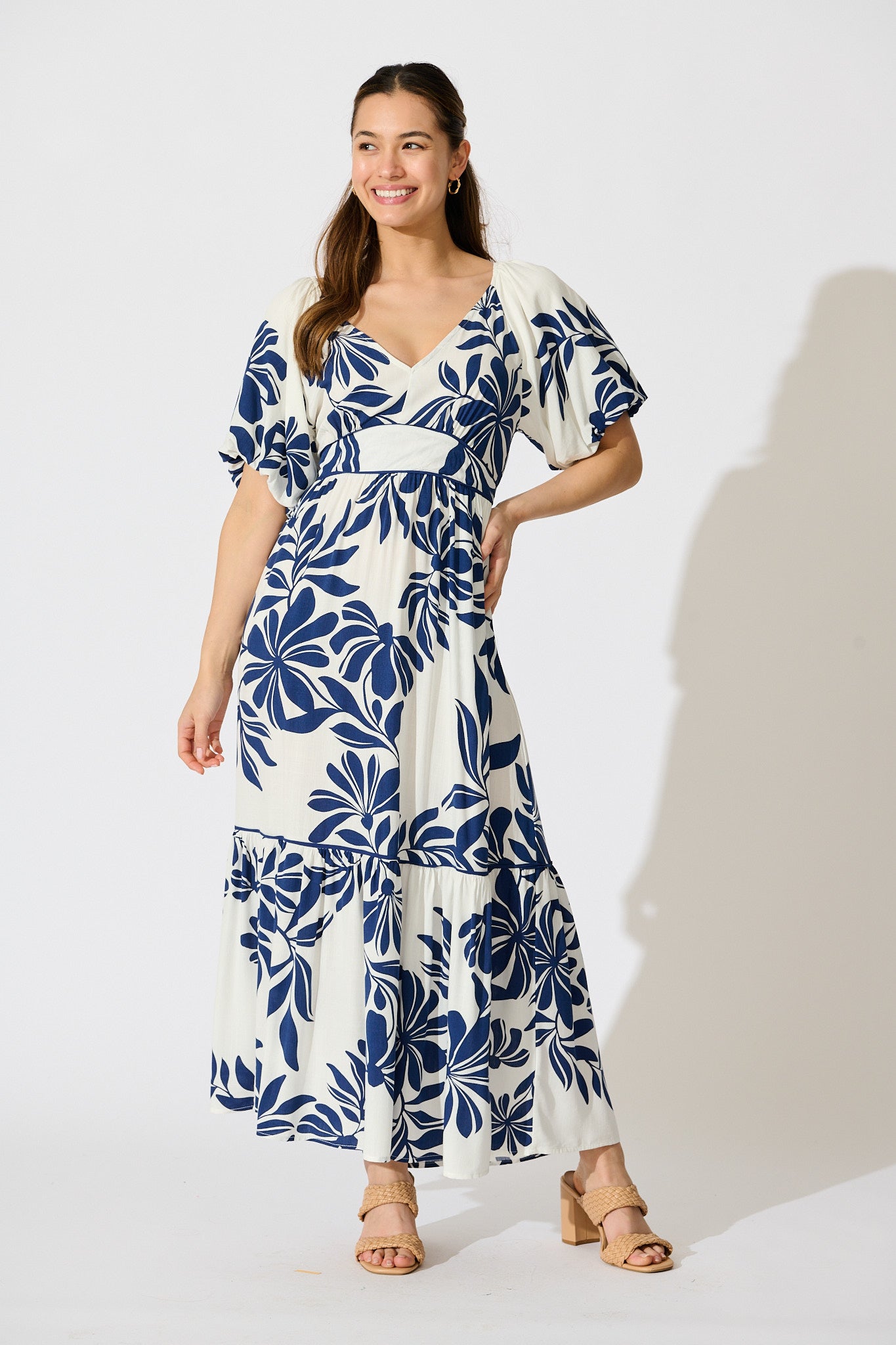 Delphinia Midi Dress in White with Navy Leaf Linen Blend full length
