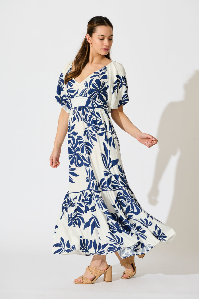 Delphinia Midi Dress in White with Navy Leaf Linen Blend side