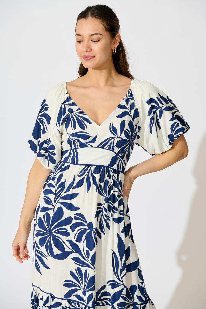 Delphinia Midi Dress in White with Navy Leaf Linen Blend front
