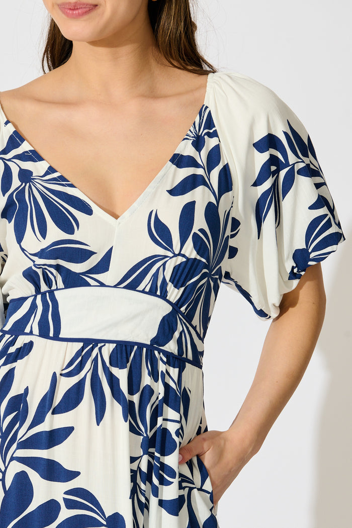 Delphinia Midi Dress in White with Navy Leaf Linen Blend detail