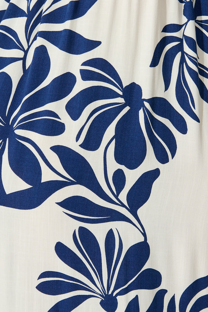 Delphinia Midi Dress in White with Navy Leaf Linen Blend fabric