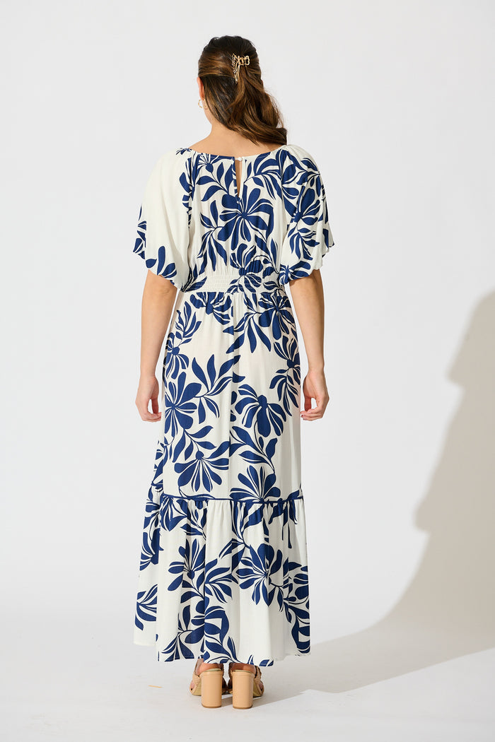 Delphinia Midi Dress in White with Navy Leaf Linen Blend back