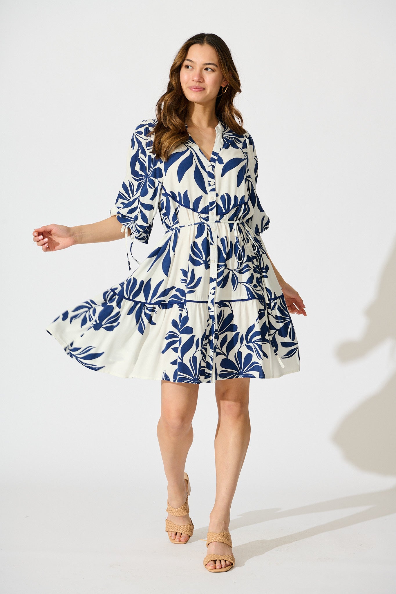 Ottilie Dress in White with Navy Leaf Linen Blend full length
