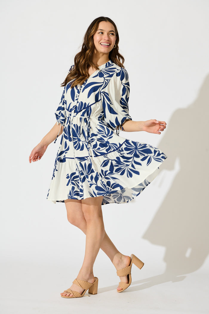 Ottilie Dress in White with Navy Leaf Linen Blend side