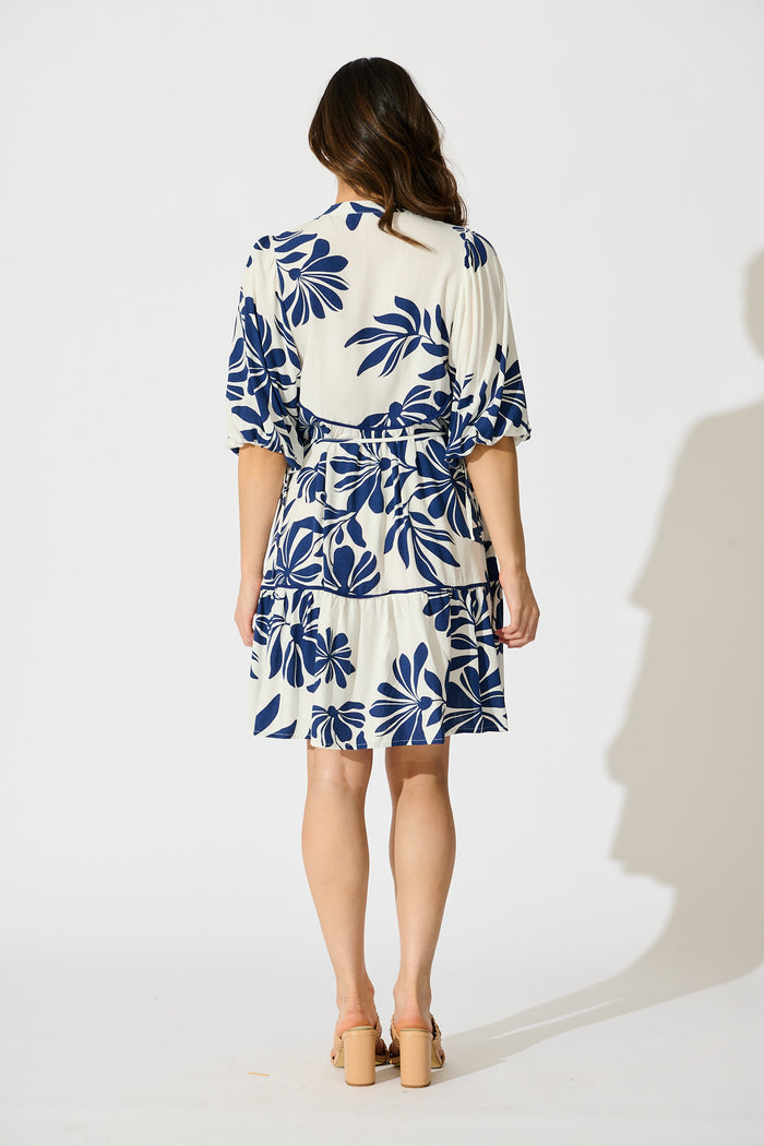 Ottilie Dress in White with Navy Leaf Linen Blend back