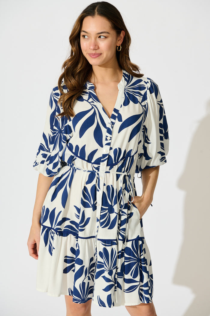 Ottilie Dress in White with Navy Leaf Linen Blend front