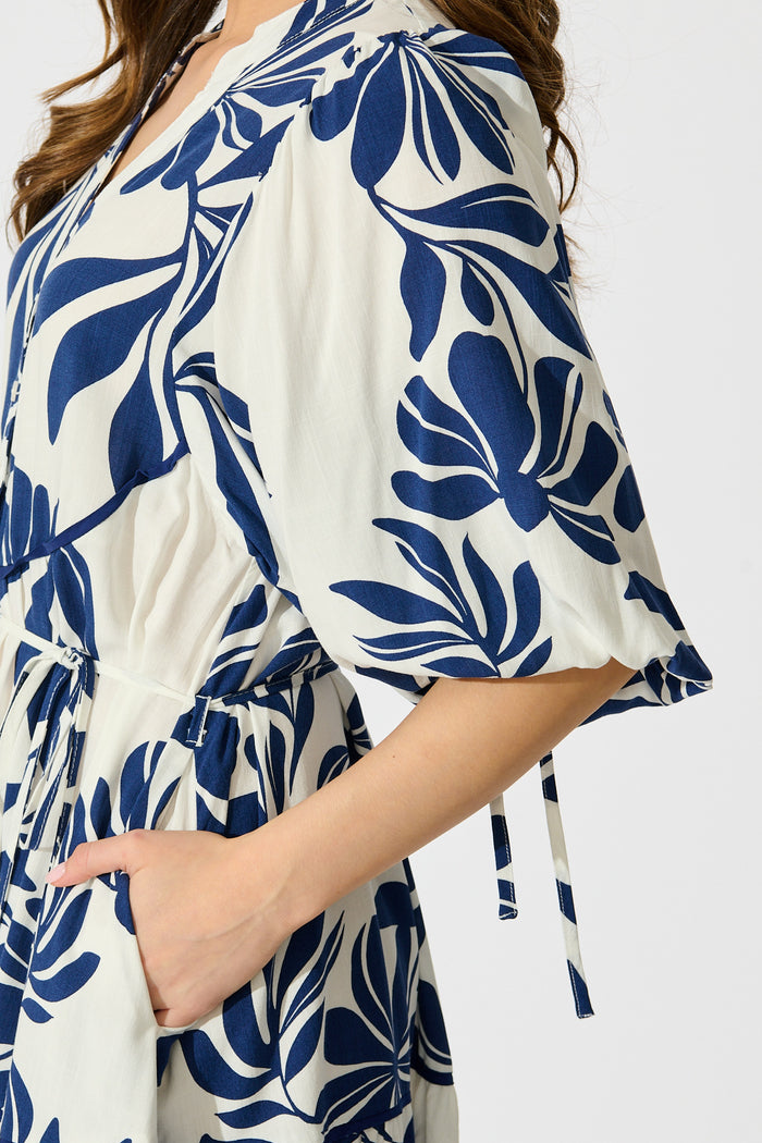 Ottilie Dress in White with Navy Leaf Linen Blend detail