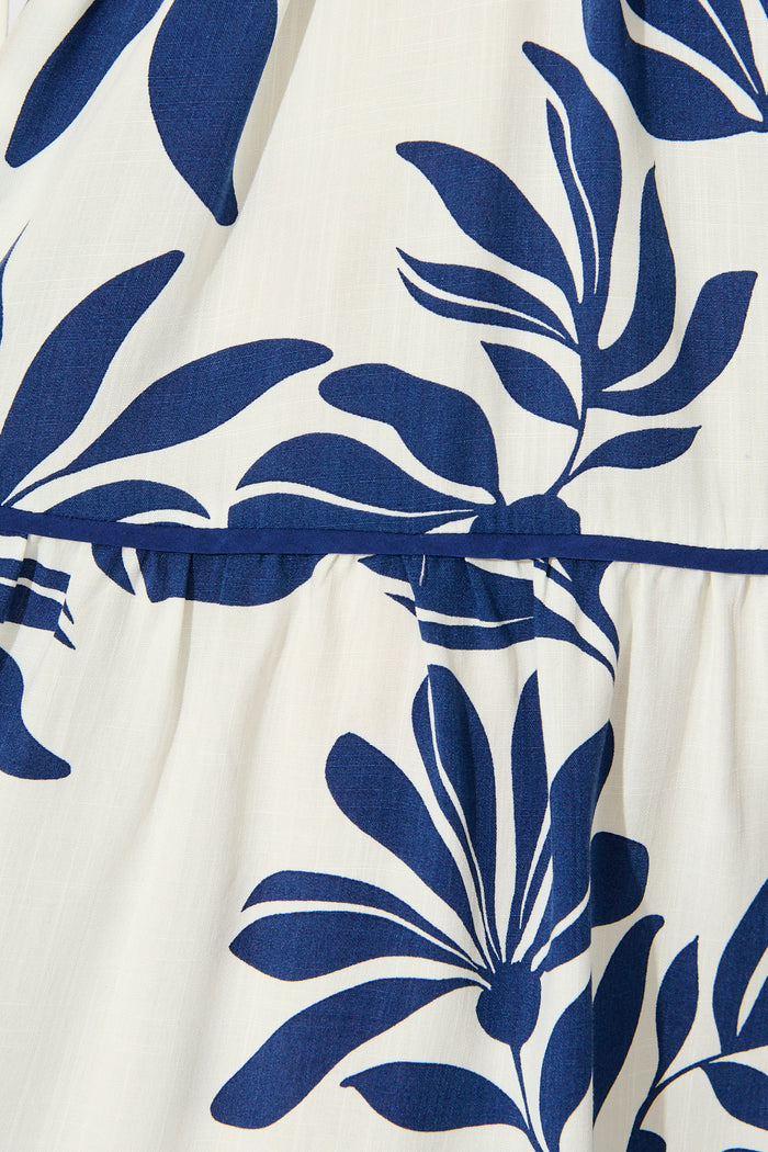 Ottilie Dress in White with Navy Leaf Linen Blend fabric