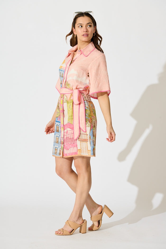 Lila Shirt Dress In In Pink with Tropical City Print side