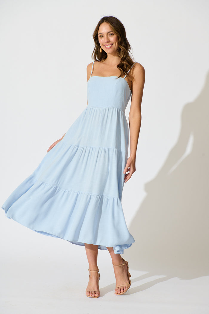 Heavenly Midi Dress In Blue Linen Blend full length