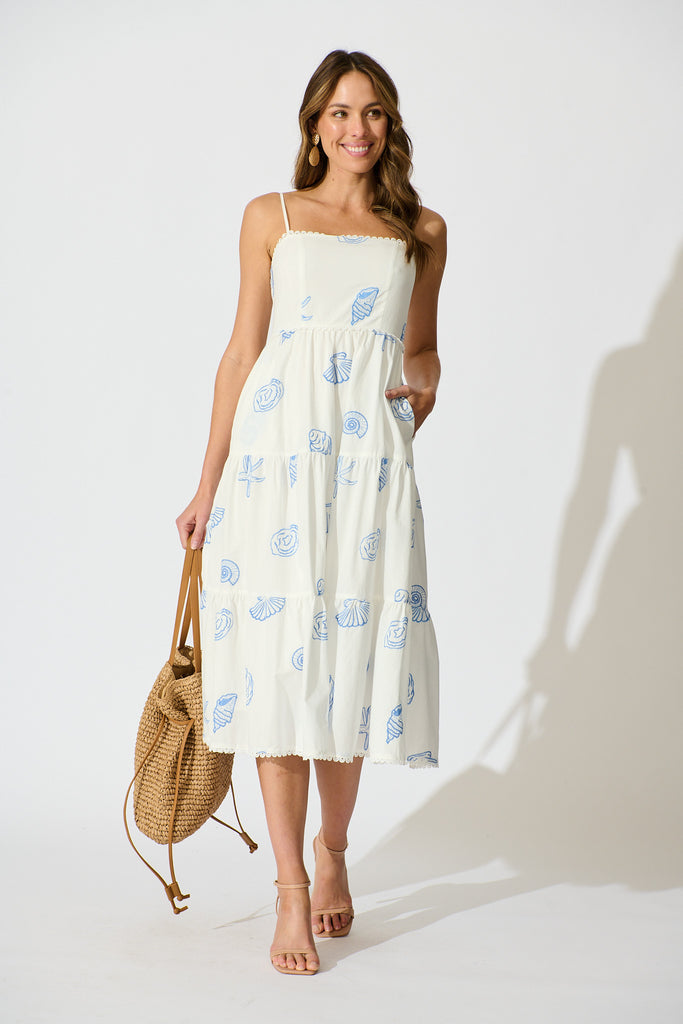 Reef Midi Dress in White with Blue Seashell Embroidery Cotton full length