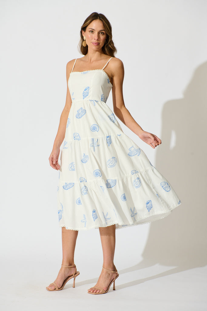 Reef Midi Dress in White with Blue Seashell Embroidery Cotton side