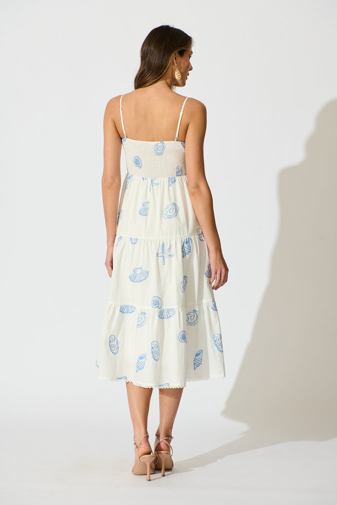 Reef Midi Dress in White with Blue Seashell Embroidery Cotton back