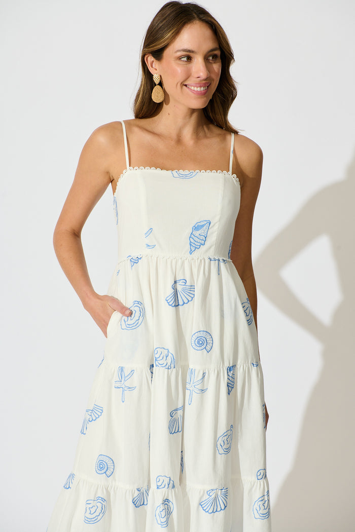 Reef Midi Dress in White with Blue Seashell Embroidery Cotton front