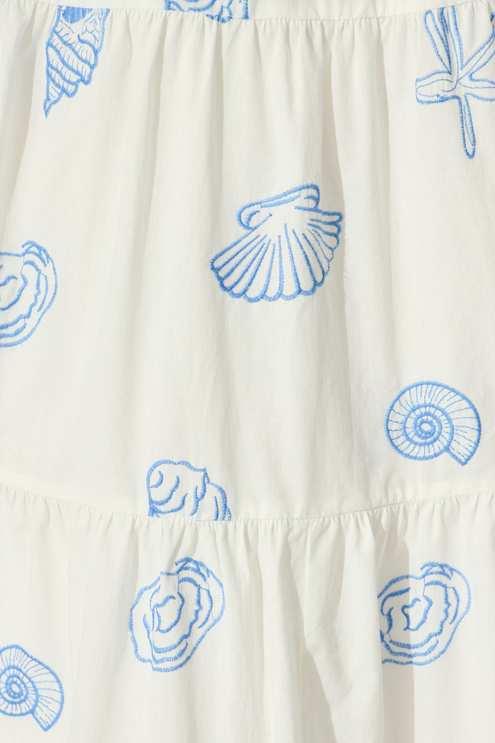 Reef Midi Dress in White with Blue Seashell Embroidery Cotton fabric