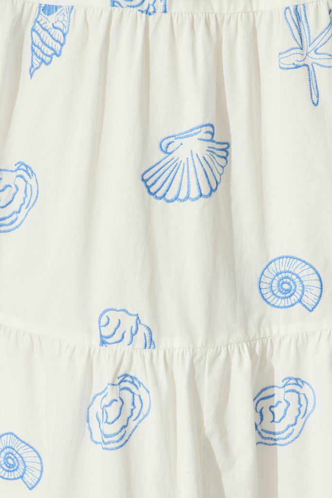 Reef Midi Dress in White with Blue Seashell Embroidery Cotton fabric