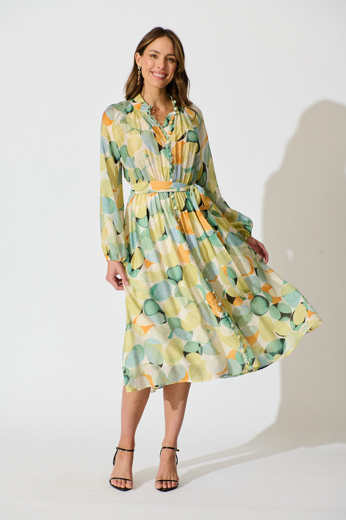 Isabeau Midi Dress in Green with Multi Watercolour Spot full length
