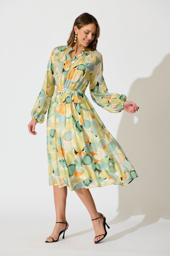 Isabeau Midi Dress in Green with Multi Watercolour Spot side