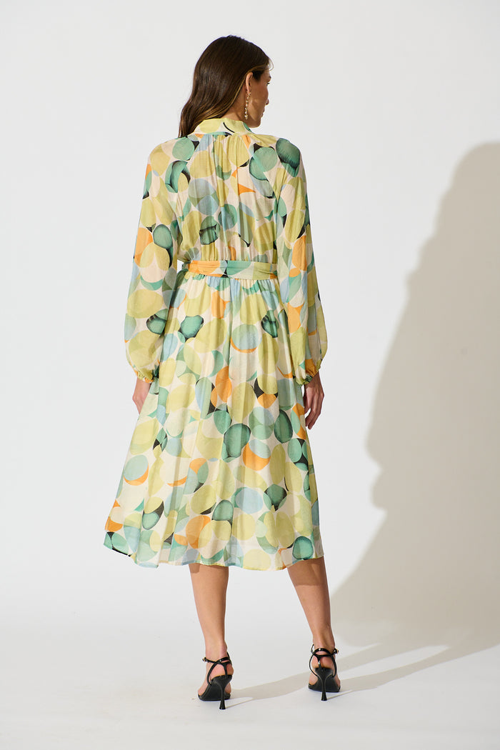Isabeau Midi Dress in Green with Multi Watercolour Spot back