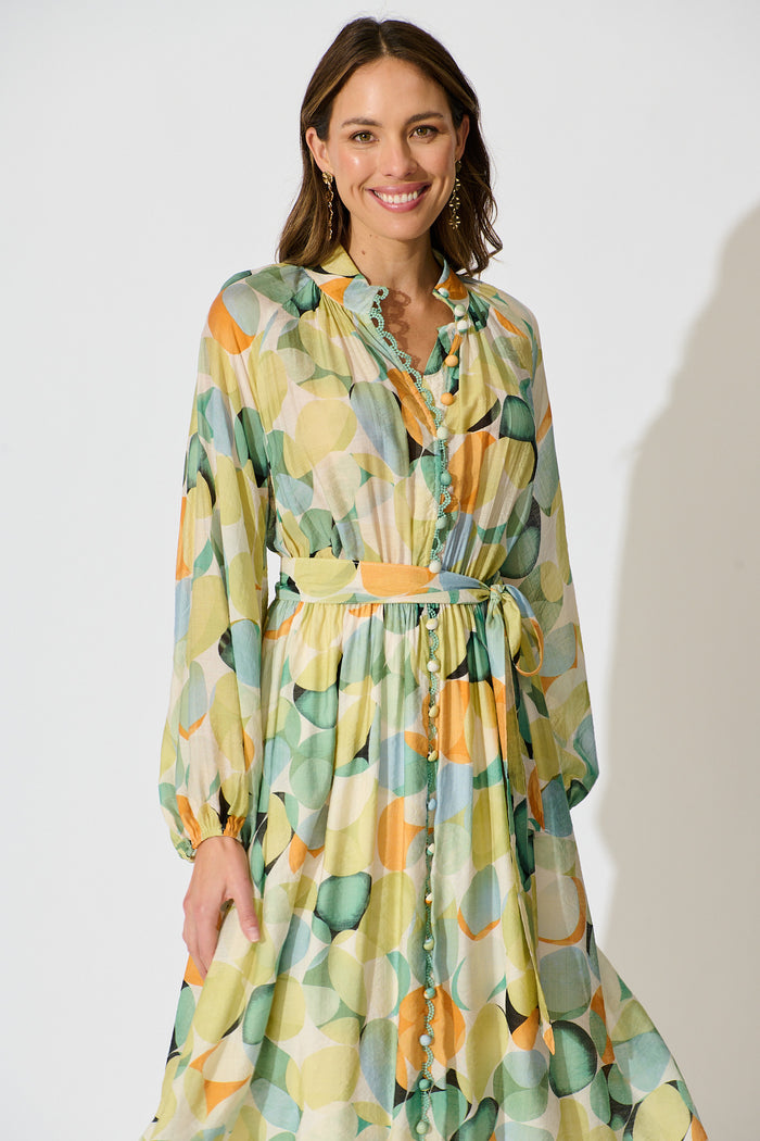 Isabeau Midi Dress in Green with Multi Watercolour Spot front