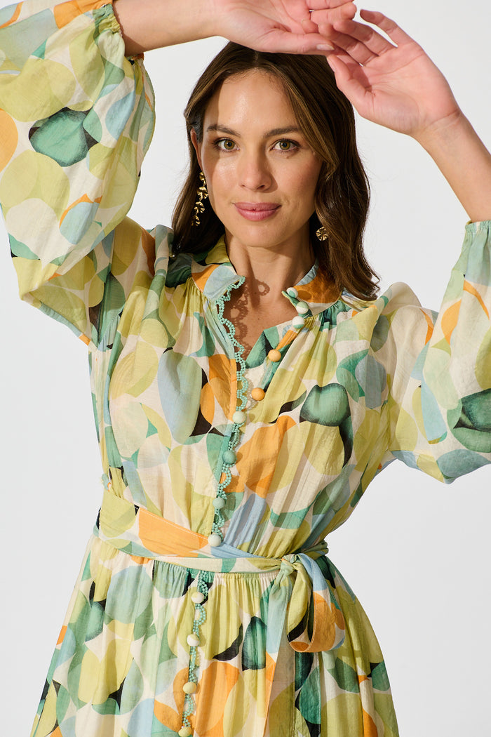 Isabeau Midi Dress in Green with Multi Watercolour Spot detail
