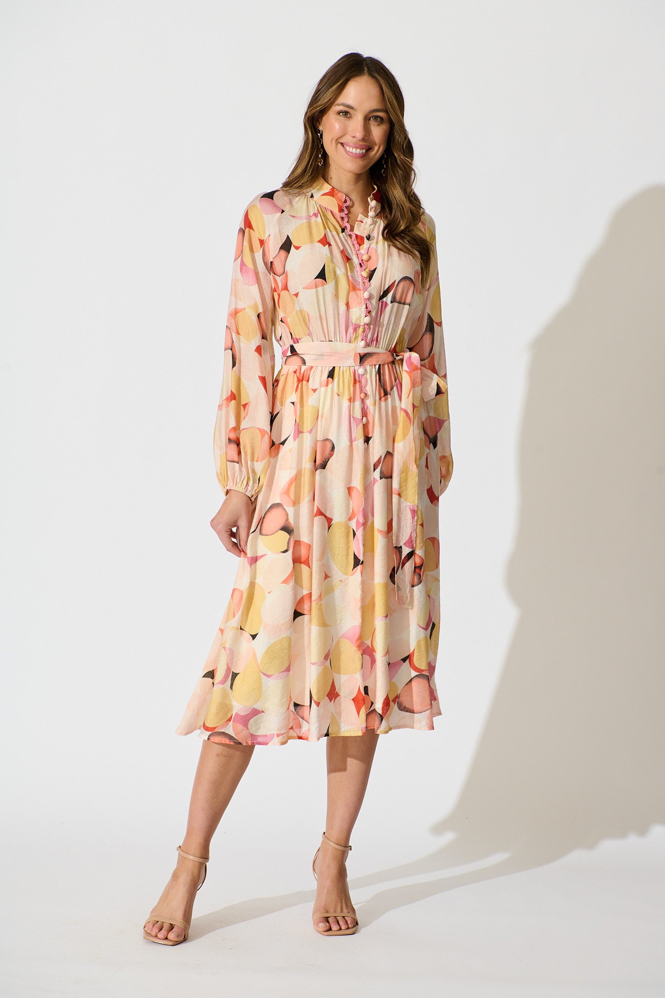 Isabeau Midi Dress in Pink with Multi Watercolour Spot full length