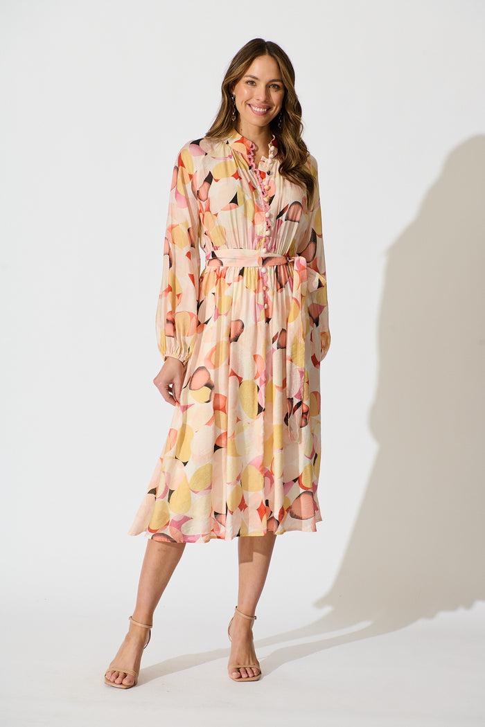 Isabeau Midi Dress in Pink with Multi Watercolour Spot full length