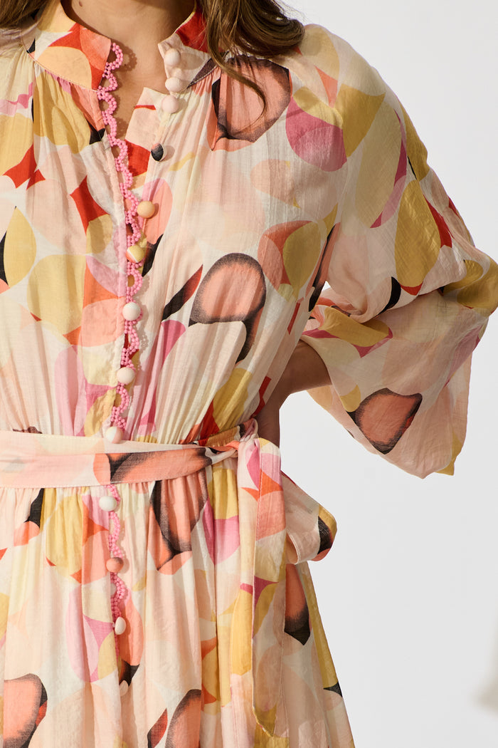 Isabeau Midi Dress in Pink with Multi Watercolour Spot detail