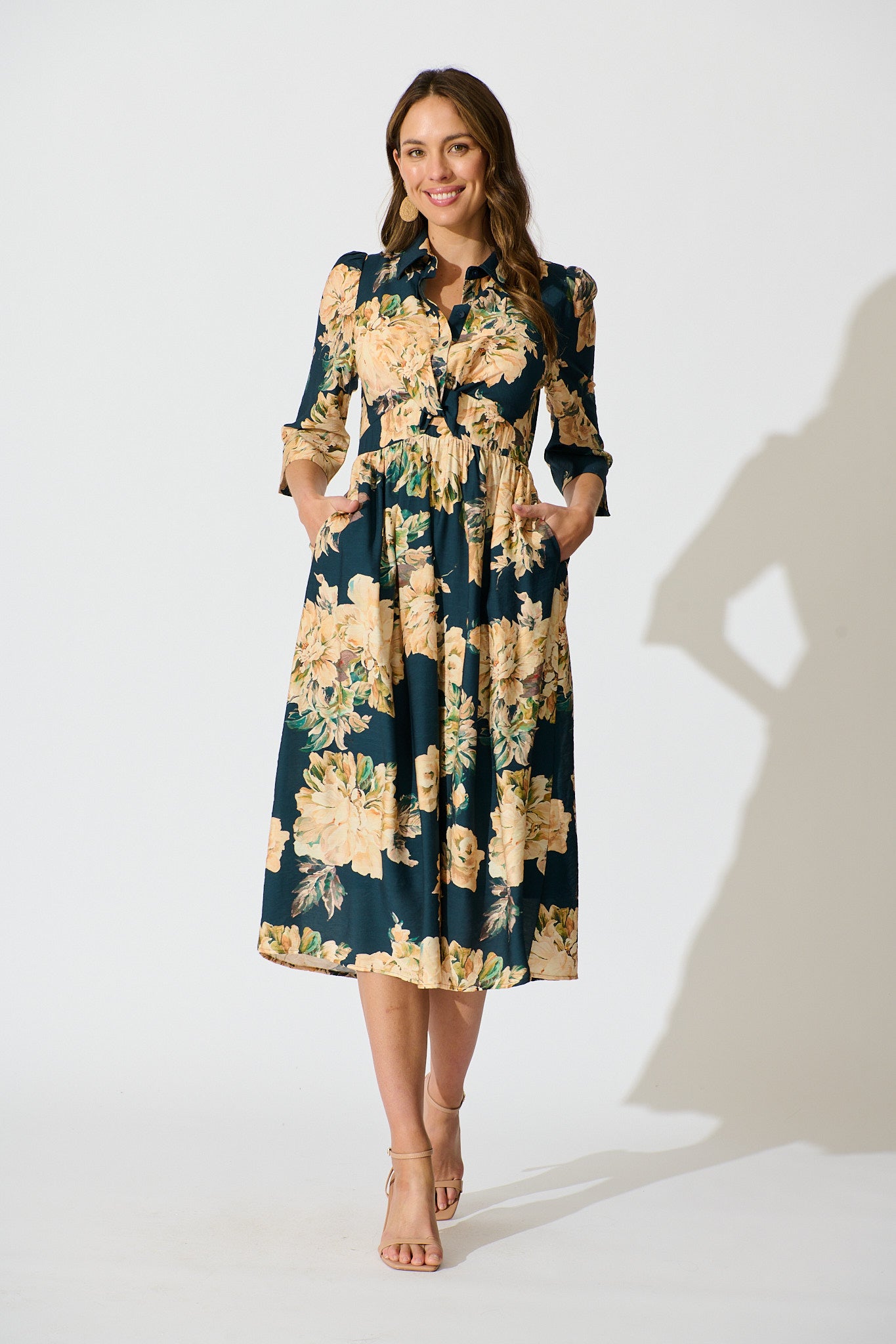Bloom Midi Dress in Teal with Cream Floral full length