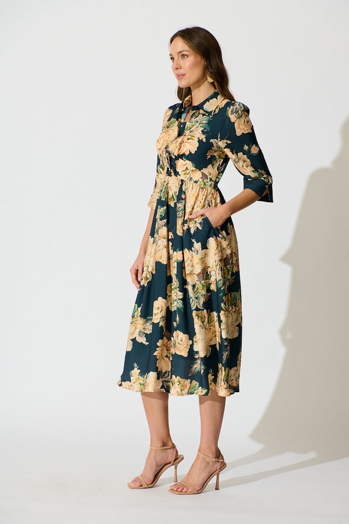 Bloom Midi Dress in Teal with Cream Floral side